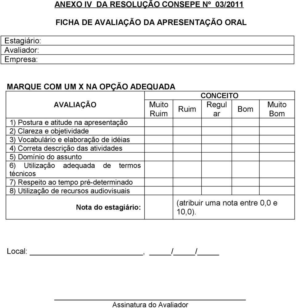 elaboração de idéias 4) Correta descrição das atividades 5) Domínio do assunto 6) Utilização adequada de termos técnicos 7) Respeito ao tempo