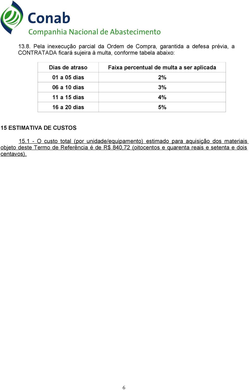 15 dias 4% 16 a 20 dias 5% 15 ESTIMATIVA DE CUSTOS 15.