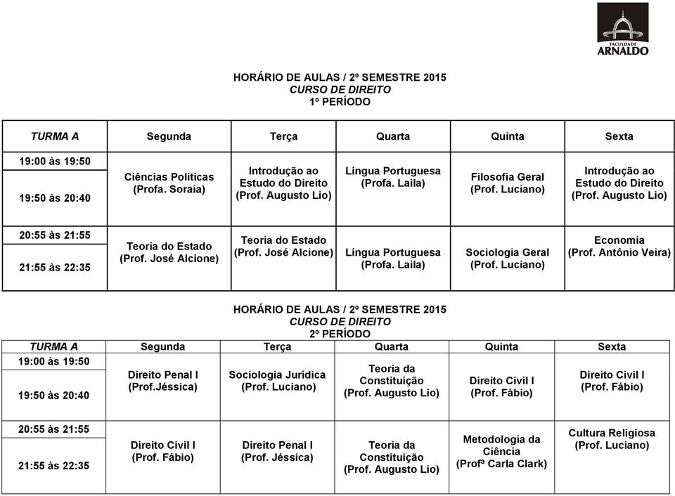 José Alcione) Língua Portuguesa (Profa. Laila) Sociologia Geral Economia (Prof. Antônio Veira) 2º PERÍODO Penal I (Prof.