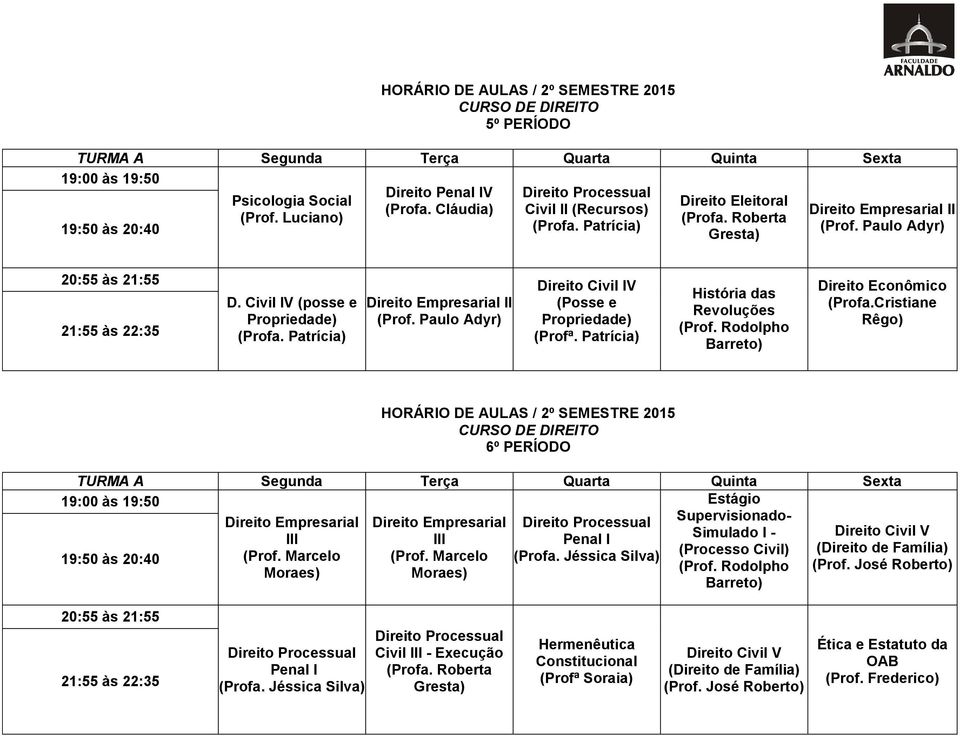 Rodolpho Barreto) Econômico (Profa.Cristiane Rêgo) 6º PERÍODO Empresarial Empresarial - III III Penal I Simulado I - Civil V (Prof. Marcelo (Prof. Marcelo (Profa.