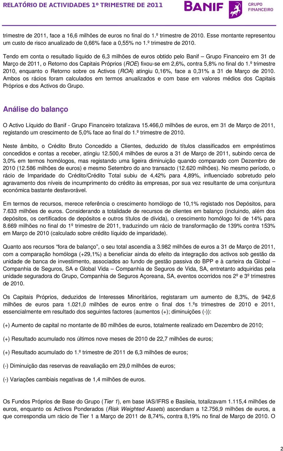 Tendo em conta o resultado líquido de 6,3 milhões de euros obtido pelo Banif Grupo Financeiro em 31 de Março de 2011, o Retorno dos Capitais Próprios (ROE) fixou-se em 2,6%, contra 5,8% no final do 1.