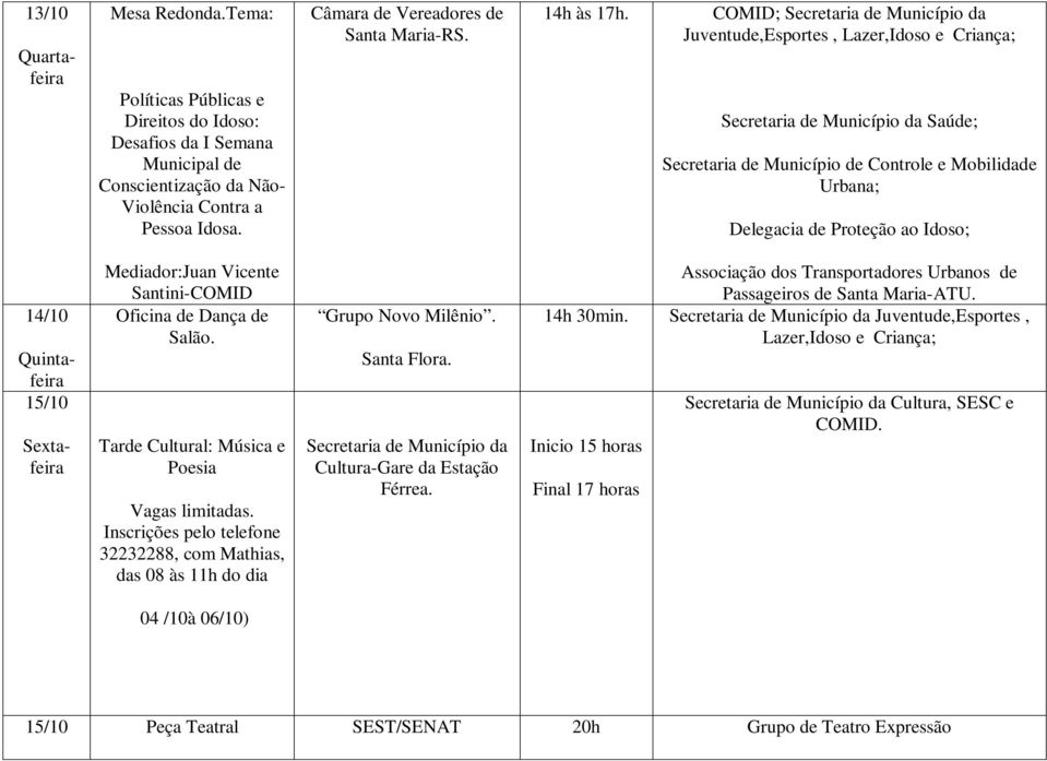 COMID; Secretaria de Município da Juventude,Esportes, Lazer,Idoso e Criança; Secretaria de Município da Saúde; Secretaria de Município de Controle e Mobilidade Urbana; Delegacia de Proteção ao Idoso;