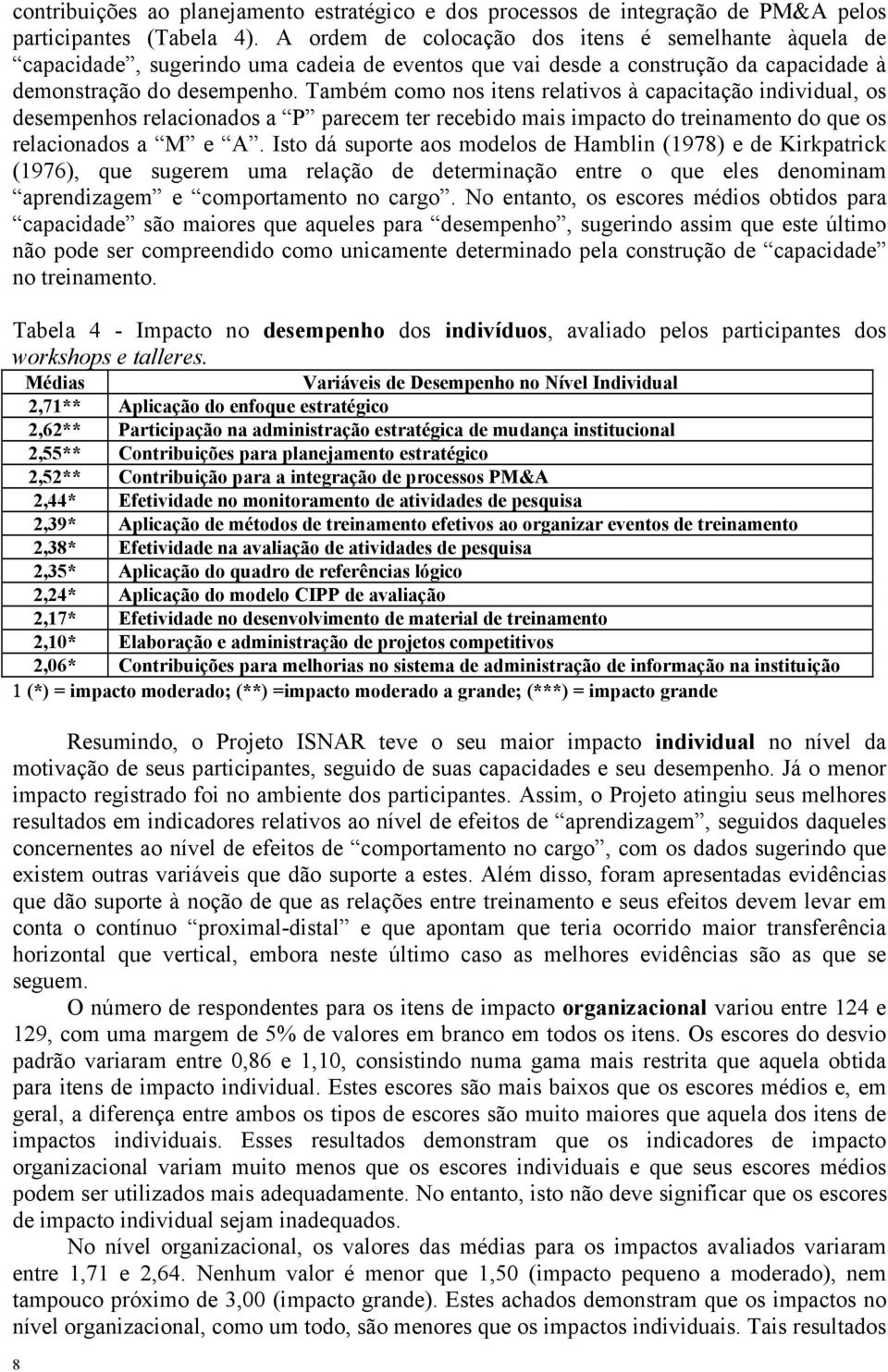 Também como nos itens relativos à capacitação individual, os desempenhos relacionados a P parecem ter recebido mais impacto do treinamento do que os relacionados a M e A.