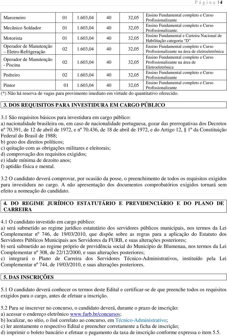 603,04 40 32,05 Eletro-Refrigeração Profissionalizante na área de eletroeletrônica Ensino Fundamental completo e Curso Operador de Manutenção 02 1.