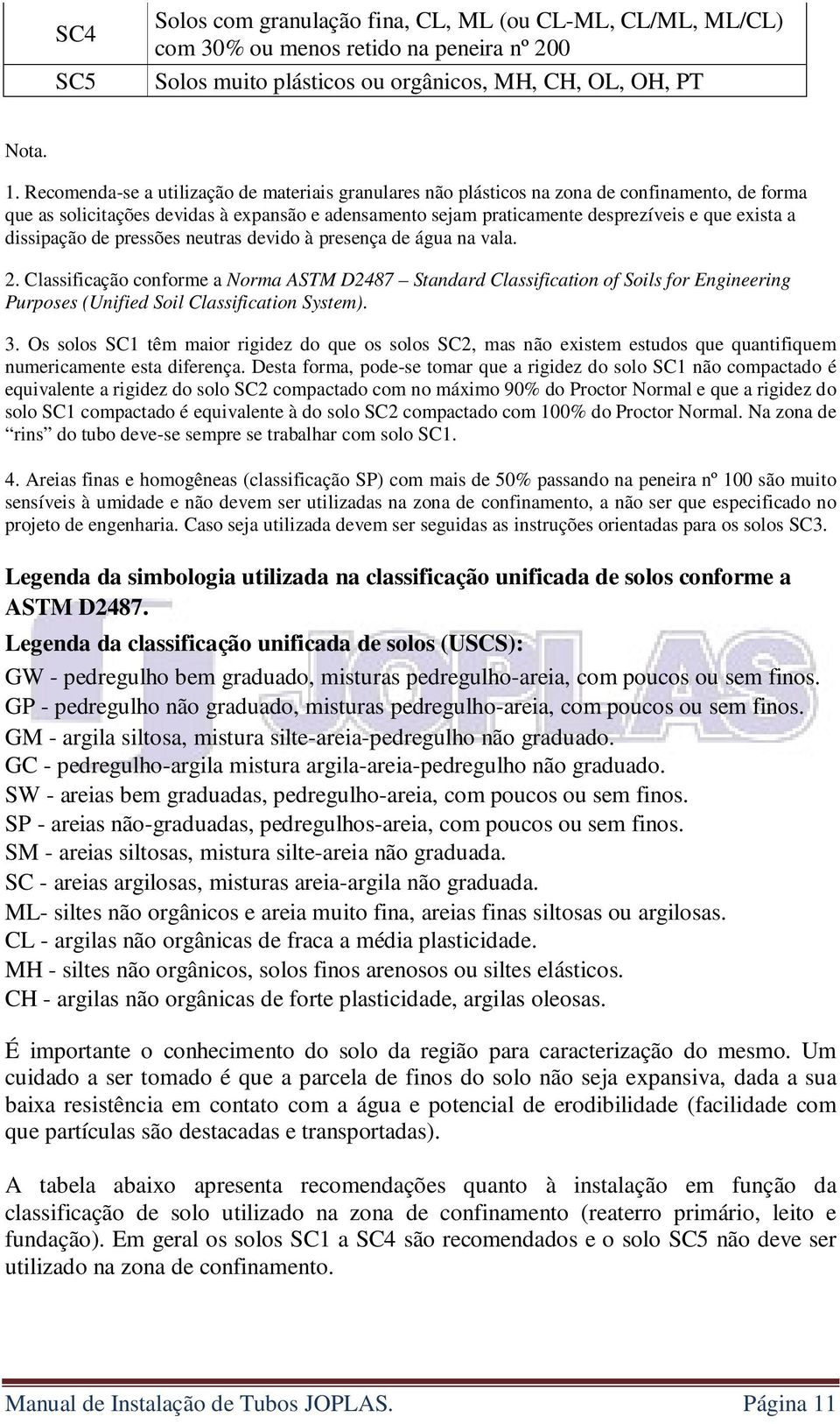 dissipação de pressões neutras devido à presença de água na vala. 2.