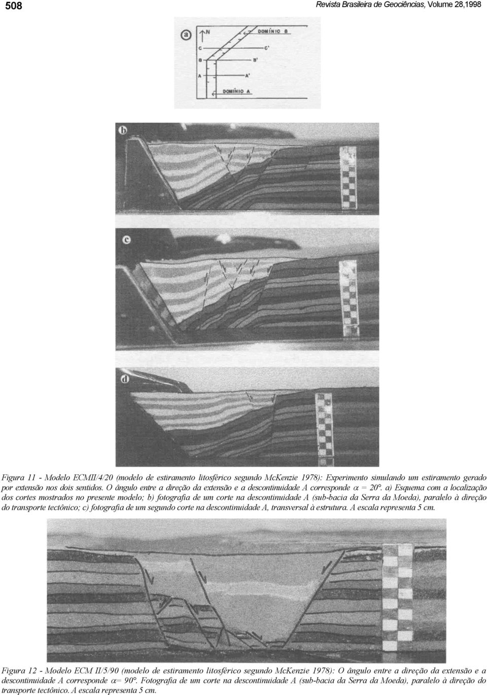 a) Esquema com a localização dos cortes mostrados no presente modelo; b) fotografia de um corte na descontinuidade A (sub-bacia da Serra da Moeda), paralelo à direção do transporte tectônico; c)