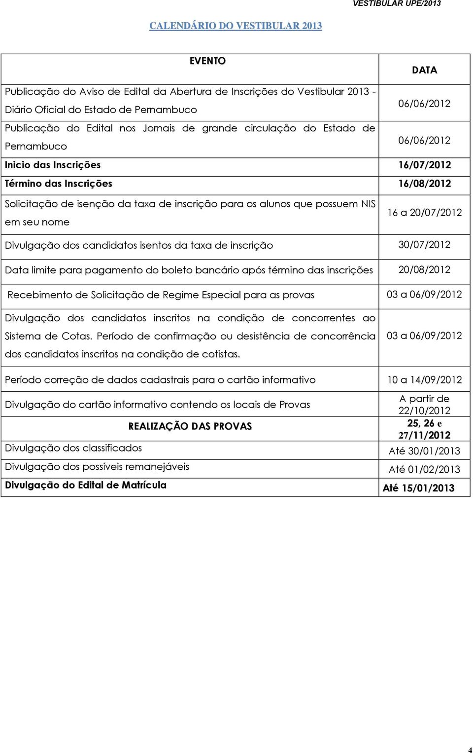 possuem NIS em seu nome 16 a 20/07/2012 Divulgação dos candidatos isentos da taxa de inscrição 30/07/2012 Data limite para pagamento do boleto bancário após término das inscrições 20/08/2012