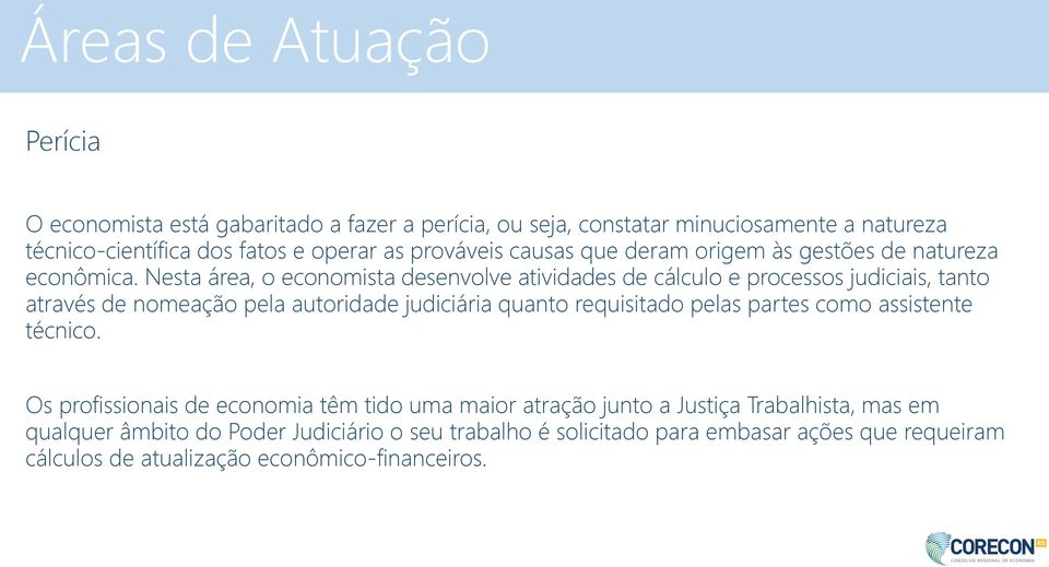 Nesta área, o economista desenvolve atividades de cálculo e processos judiciais, tanto através de nomeação pela autoridade judiciária quanto requisitado pelas