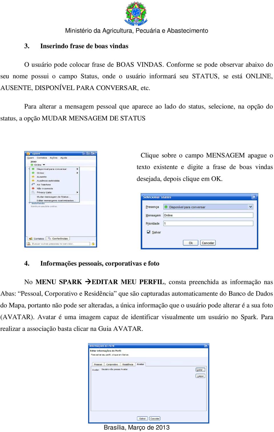 Para alterar a mensagem pessoal que aparece ao lado do status, selecione, na opção do status, a opção MUDAR MENSAGEM DE STATUS Clique sobre o campo MENSAGEM apague o texto existente e digite a frase