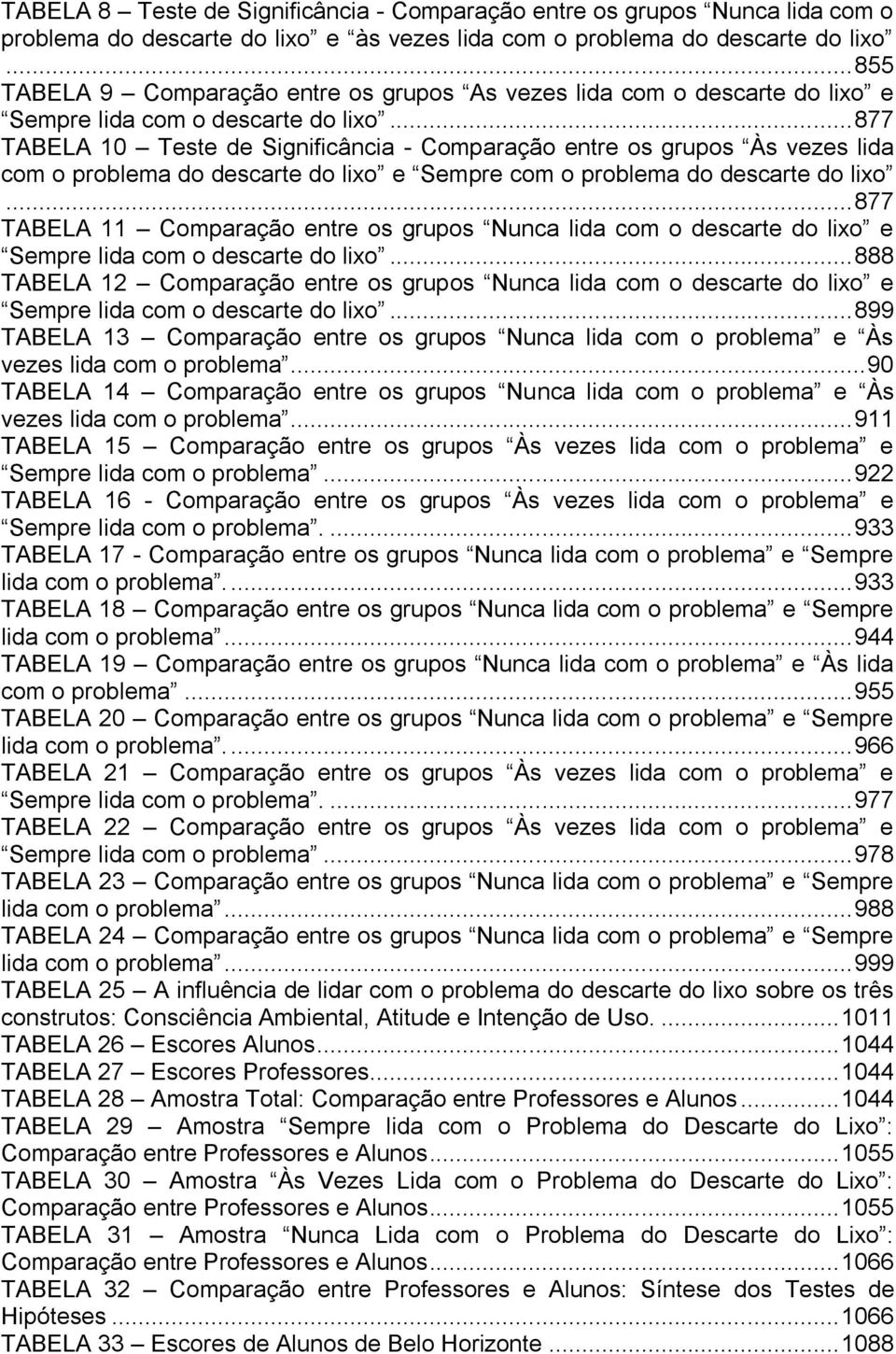 .. 877 TABELA 10 Teste de Significância - Comparação entre os grupos Às vezes lida com o problema do descarte do lixo e Sempre com o problema do descarte do lixo.