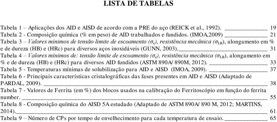 31 Tabela 4 Valores mínimos de: tensão limite de escoamento (σ e ), resistência mecânica (σ LR ), alongamento em % e de dureza (HB) e (HRc) para diversos AID fundidos (ASTM 890A/ 890M, 2012).