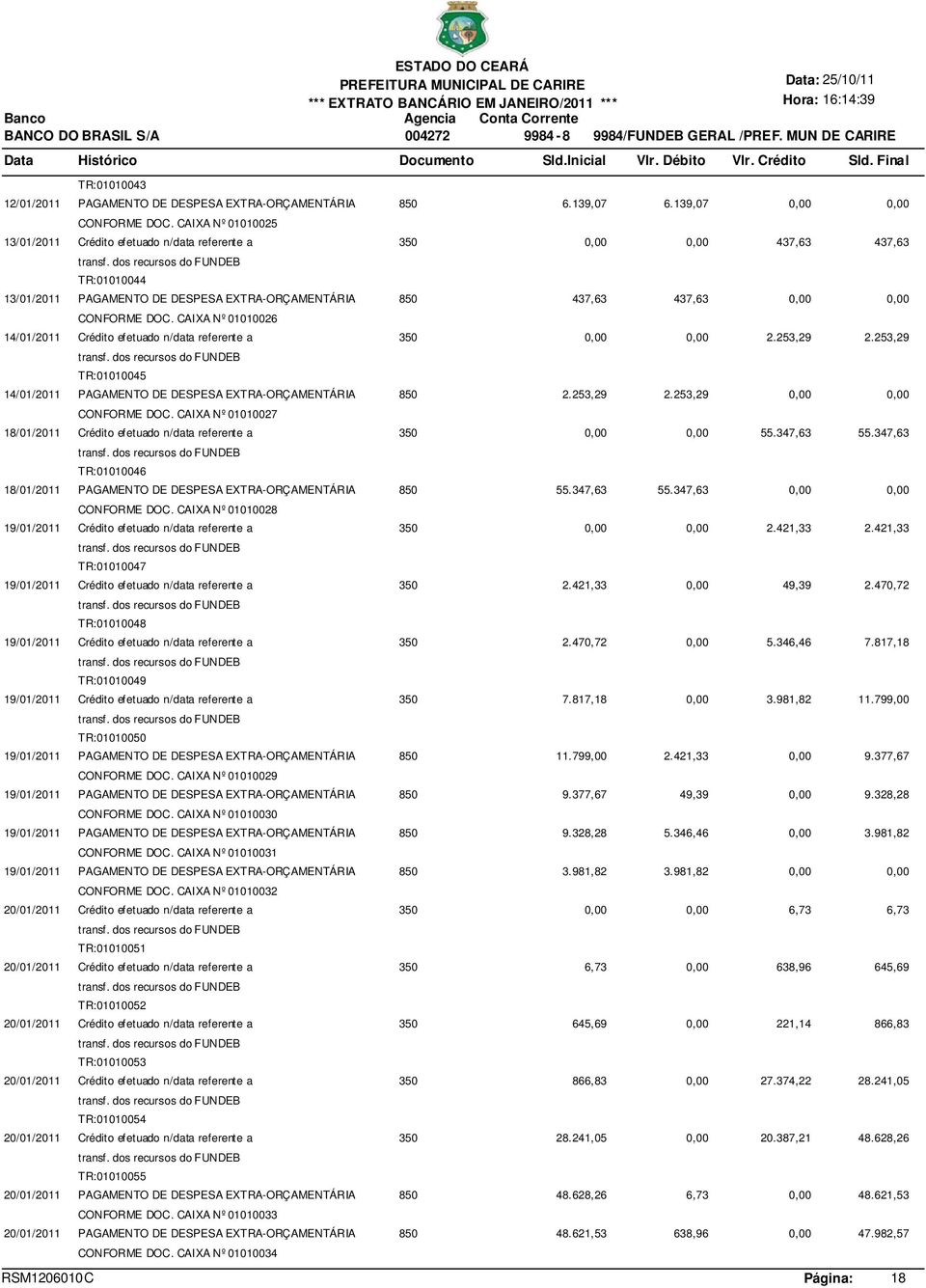 dos recursos do FUNDEB TR:01010044 13/01/2011 PAGAMENTO DE DESPESA EXTRA-ORÇAMENTÁRIA 850 437,63 437,63 0,00 0,00 CONFORME DOC.