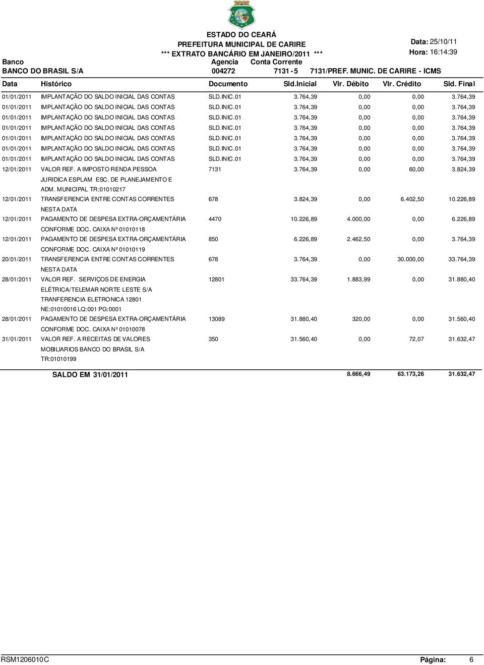 402,50 10.226,89 NESTA DATA 12/01/2011 PAGAMENTO DE DESPESA EXTRA-ORÇAMENTÁRIA 4470 10.226,89 4.000,00 0,00 6.226,89 CONFORME DOC.