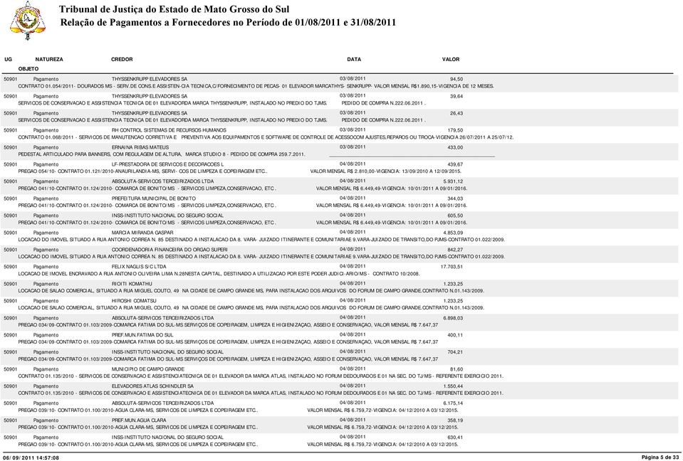 PEDIDO DE COMPRA N.222.06.2011. THYSSENKRUPP ELEVADORES SA 03/08/2011 26,43 SERVICOS DE CONSERVACAO E ASSISTENCIA TECNICA DE 01 ELEVADORDA MARCA THYSSENKRUPP, INSTALADO NO PREDIO DO TJMS.