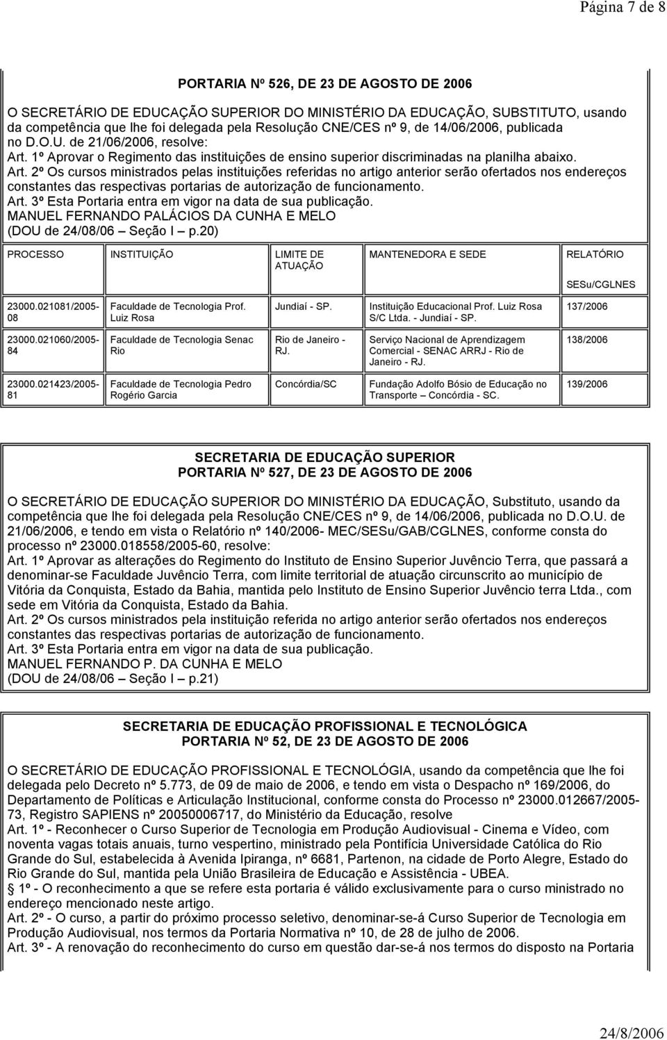 1º Aprovar o Regimento das instituições de ensino superior discriminadas na planilha abaixo. Art.