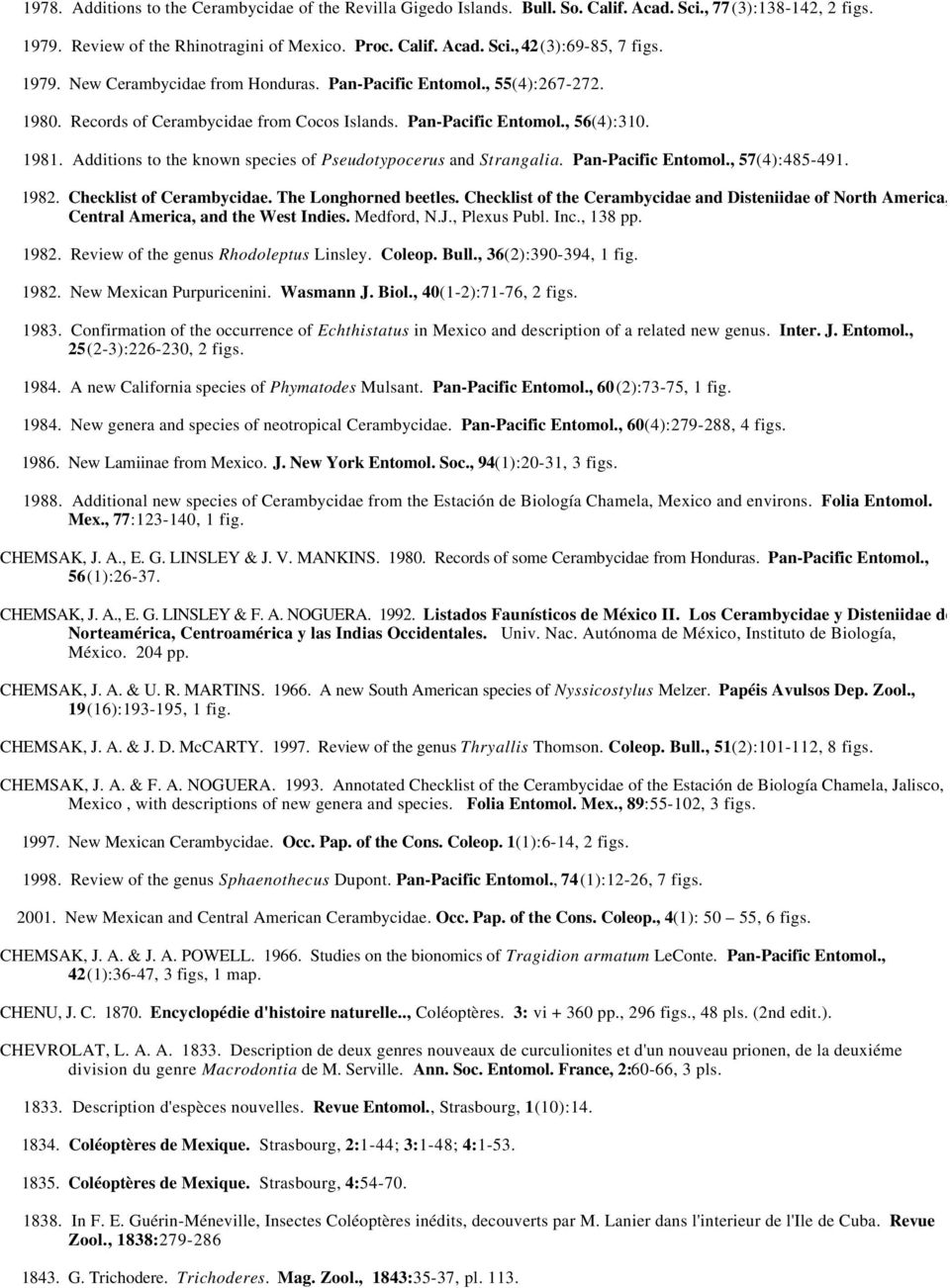 Additions to the known species of Pseudotypocerus and Strangalia. Pan-Pacific Entomol., 57(4):485-491. 1982. Checklist of Cerambycidae. The Longhorned beetles.