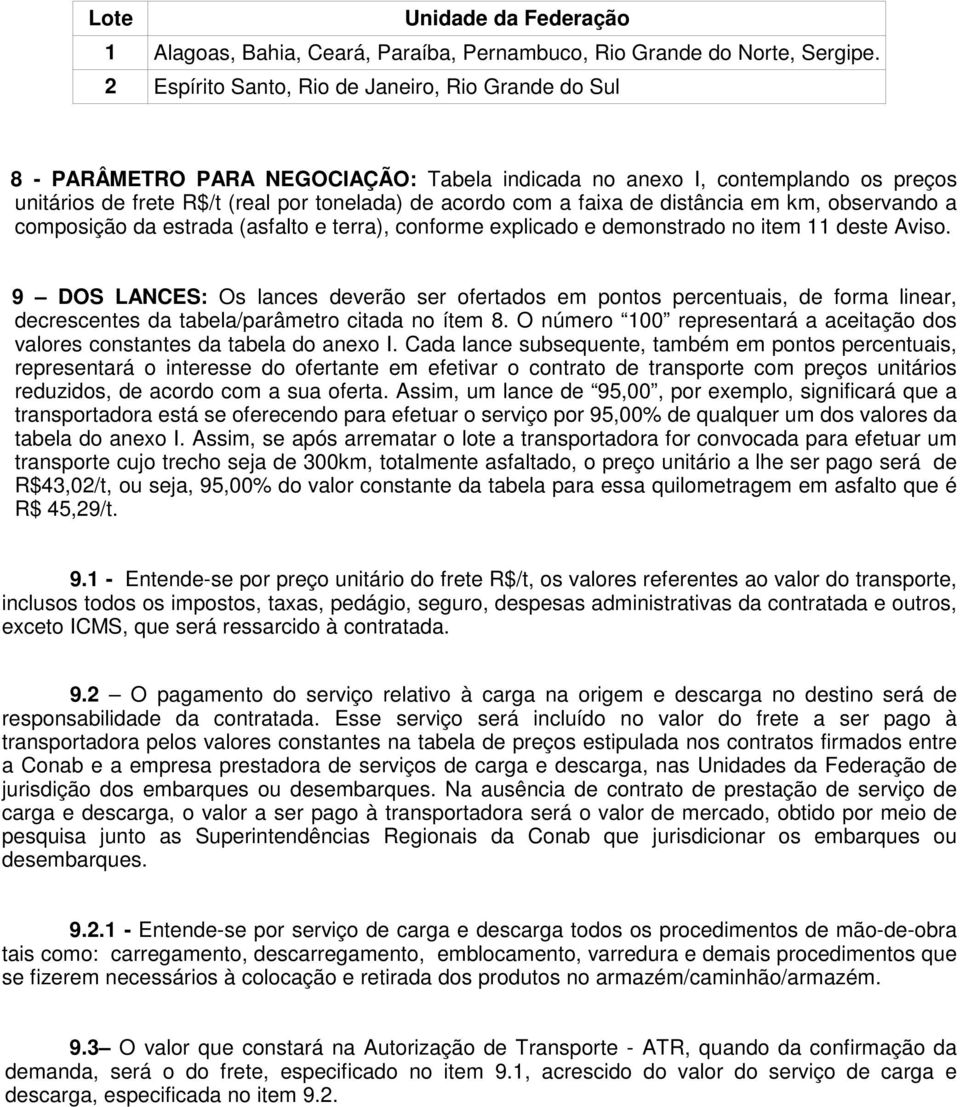 de distância em km, observando a composição da estrada (asfalto e terra), conforme explicado e demonstrado no item 11 deste Aviso.