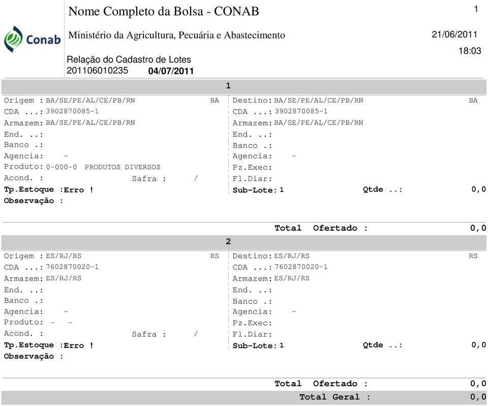 Observação : BA 1 21/06/2011 18:03 Destino: BA/SE/PE/AL/CE/PB/RN BA CDA...: 3902870085-1 Armazem: BA/SE/PE/AL/CE/PB/RN End...: Banco.: Agencia: - Pz.Exec: Fl.Diar: Sub-Lote: 1 Qtde.