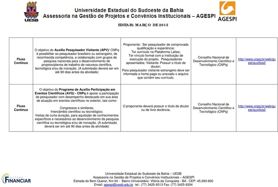 (A submissão deverá ser em até 90 dias antes da atividade) Proponente: Ser pesquisador de comprovada qualificação e experiência; Ter currículo na Plataforma Lattes; Ter vínculo formal com a