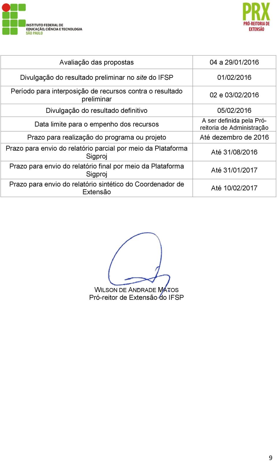 programa ou projeto Até dezembro de 2016 Prazo para envio do relatório parcial por meio da Plataforma Sigproj Prazo para envio do relatório final por meio da Plataforma