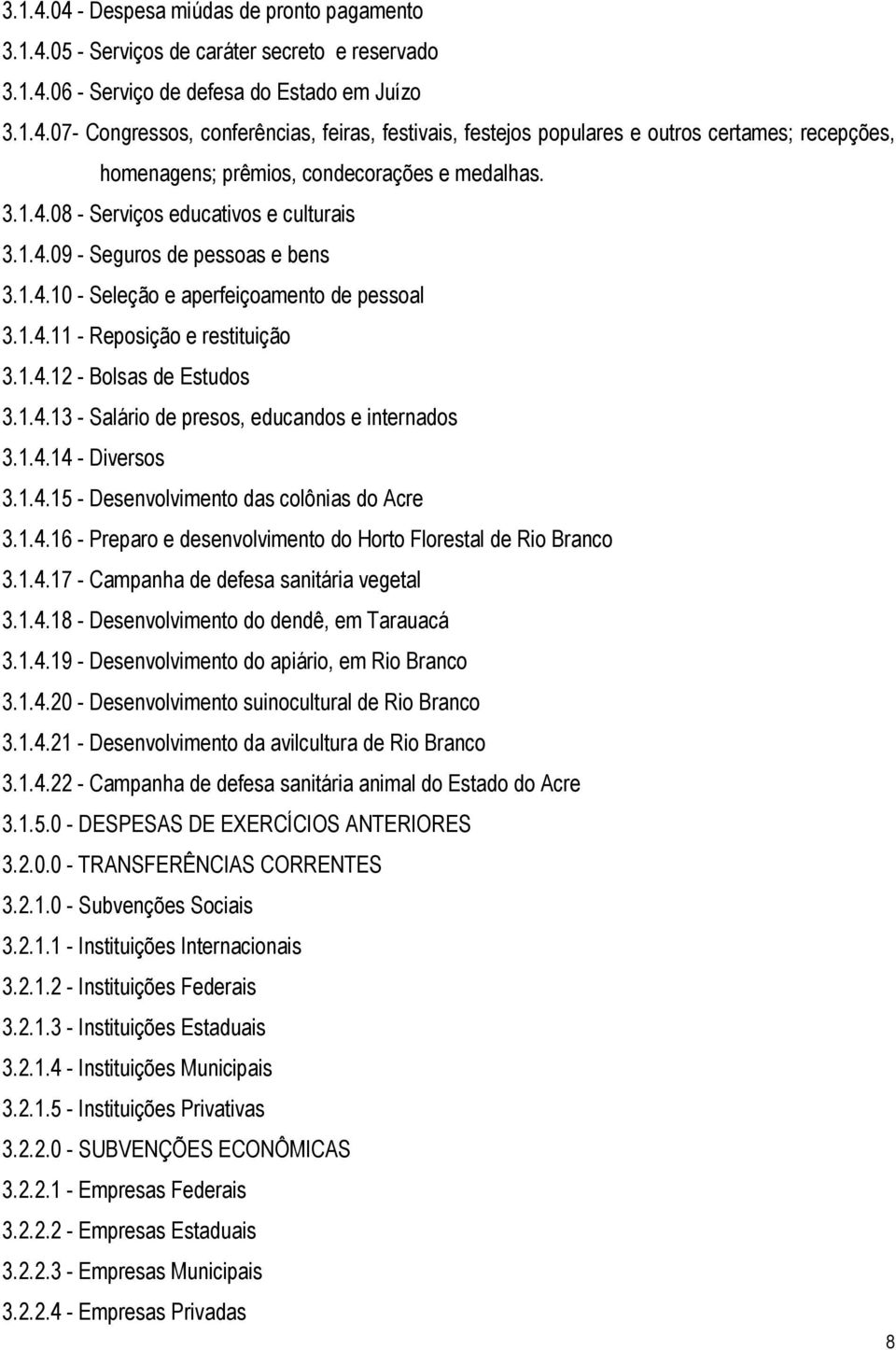 1.4.14 - Diversos 3.1.4.15 - Desenvolvimento das colônias do Acre 3.1.4.16 - Preparo e desenvolvimento do Horto Florestal de Rio Branco 3.1.4.17 - Campanha de defesa sanitária vegetal 3.1.4.18 - Desenvolvimento do dendê, em Tarauacá 3.