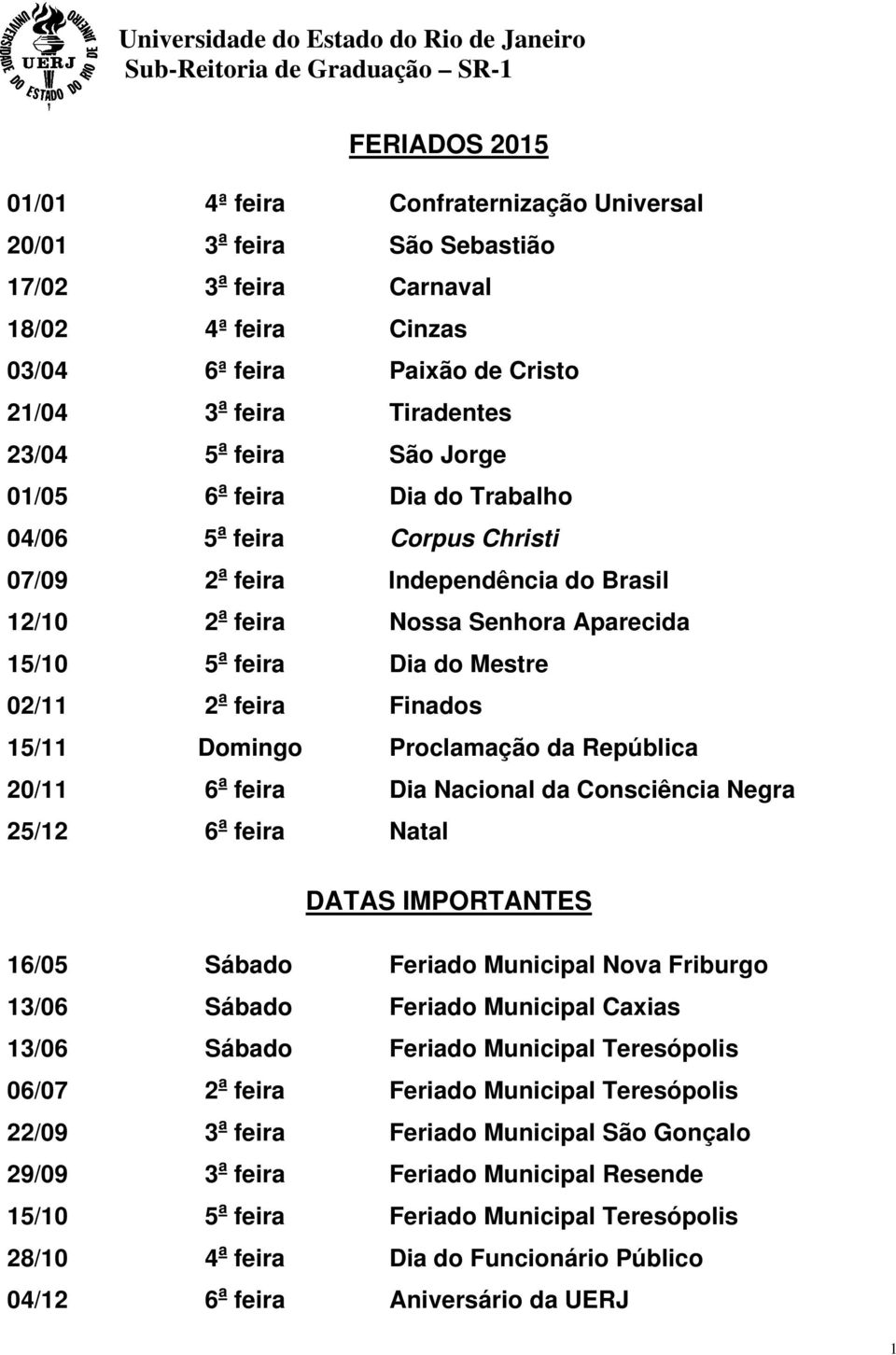 12/10 2 a feira Nossa Senhora Aparecida 15/10 5 a feira Dia do Mestre 02/11 2 a feira Finados 15/11 Domingo Proclamação da República 20/11 6 a feira Dia Nacional da Consciência Negra 25/12 6 a feira