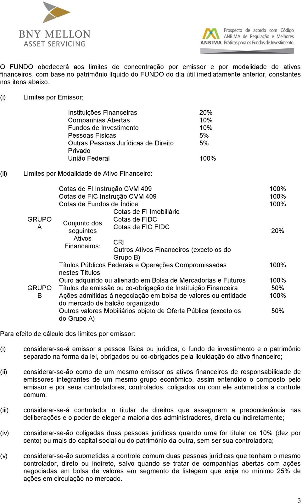 (i) Limites por Emissor: Instituições Financeiras 20% Companhias Abertas 10% Fundos de Investimento 10% Pessoas Físicas 5% Outras Pessoas Jurídicas de Direito 5% Privado União Federal 100% (ii)