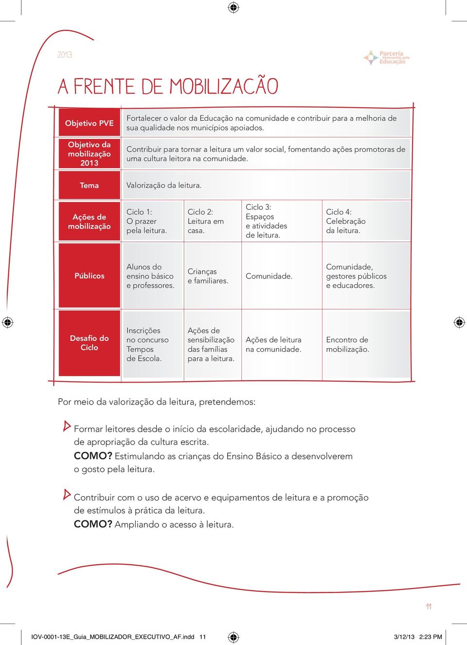 Ciclo 2: Leitura em casa. Ciclo 3: Espaços e atividades de leitura. Ciclo 4: Celebração da leitura. Públicos Alunos do ensino básico e professores. Crianças e familiares. Comunidade.