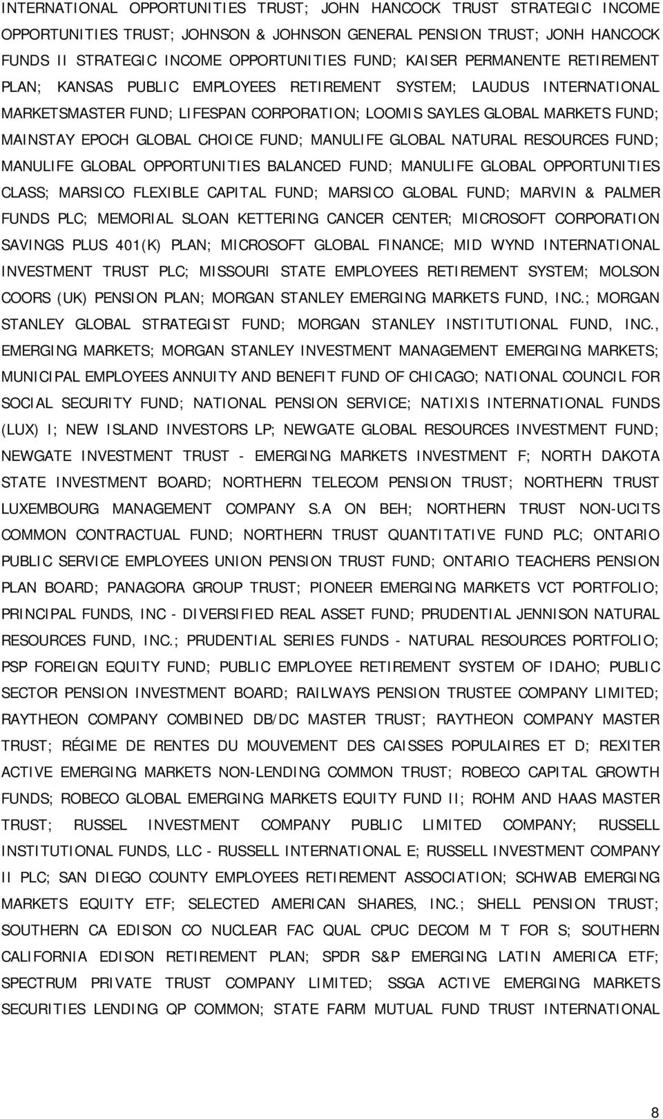 FUND; MANULIFE GLOBAL NATURAL RESOURCES FUND; MANULIFE GLOBAL OPPORTUNITIES BALANCED FUND; MANULIFE GLOBAL OPPORTUNITIES CLASS; MARSICO FLEXIBLE CAPITAL FUND; MARSICO GLOBAL FUND; MARVIN & PALMER