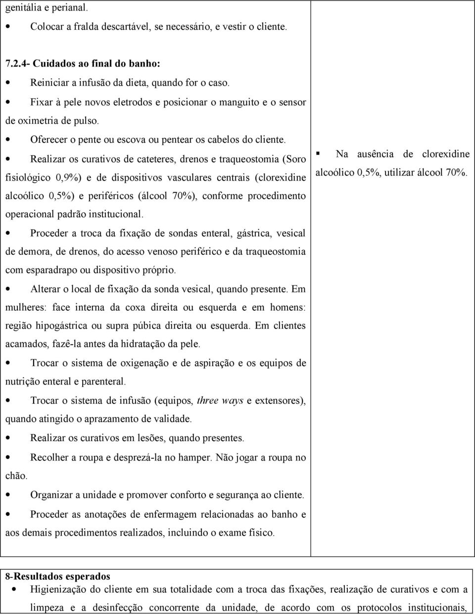 Realizar os curativos de cateteres, drenos e traqueostomia (Soro fisiológico 0,9%) e de dispositivos vasculares centrais (clorexidine alcoólico 0,5%) e periféricos (álcool 70%), conforme procedimento