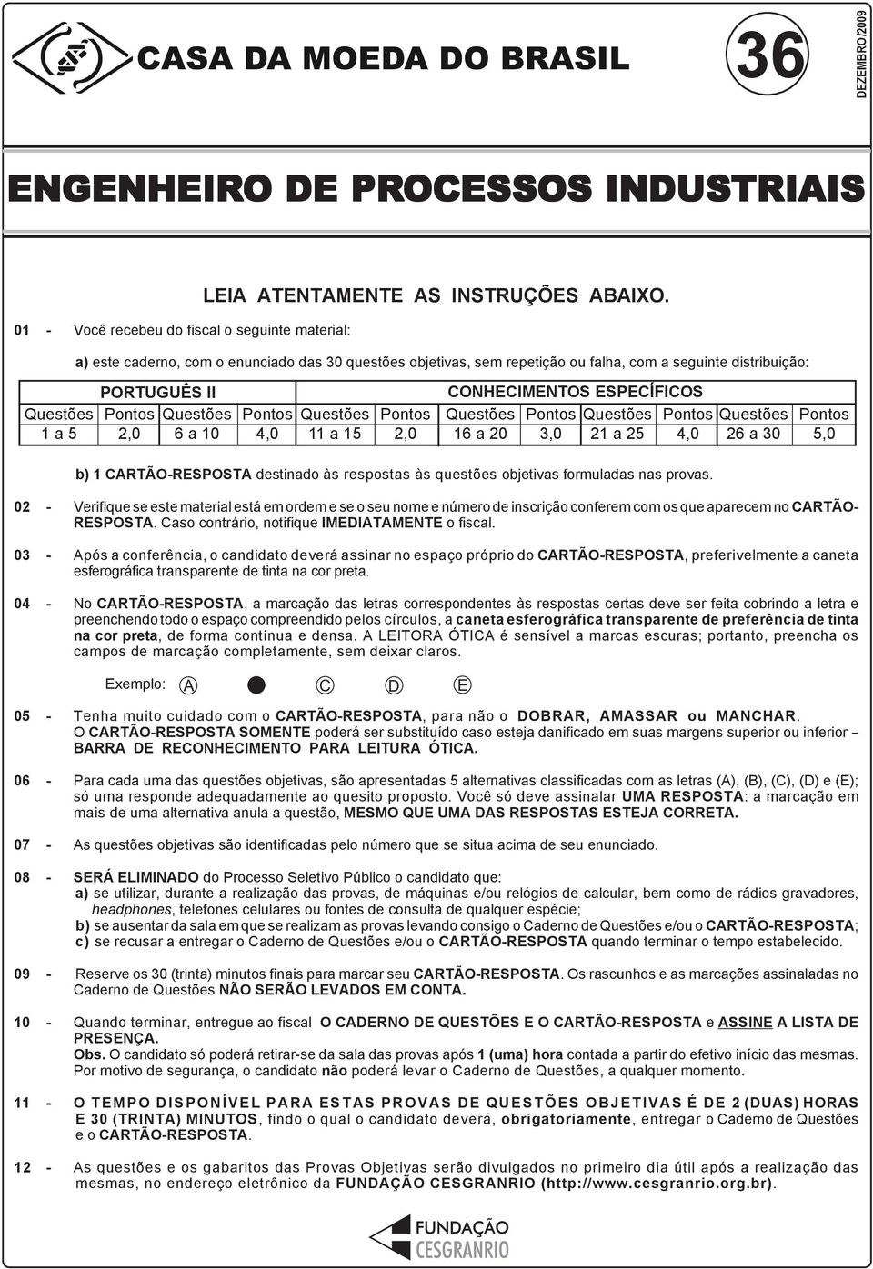 Pontos 2,0 CONHECIMENTOS ESPECÍFICOS Questões Pontos Questões Pontos 16 a 20 3,0 21 a 25 4,0 Questões 26 a 30 Pontos 5,0 b) 1 CARTÃO-RESPOSTA destinado às respostas às questões objetivas formuladas