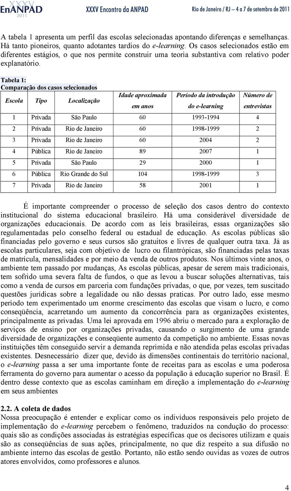 Tabela 1: Comparação dos casos selecionados Escola Tipo Localização Idade aproximada Período da introdução Número de em anos do e-learning entrevistas 1 Privada São Paulo 60 1993-1994 4 2 Privada Rio