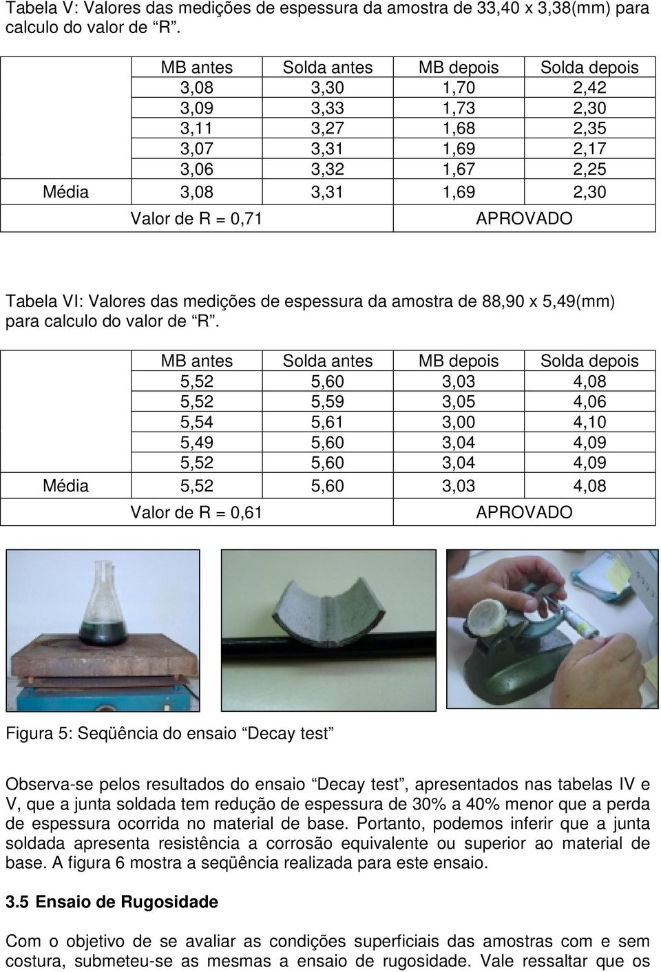 Tabela VI: Valores das medições de espessura da amostra de 88,90 x 5,49(mm) para calculo do valor de R.