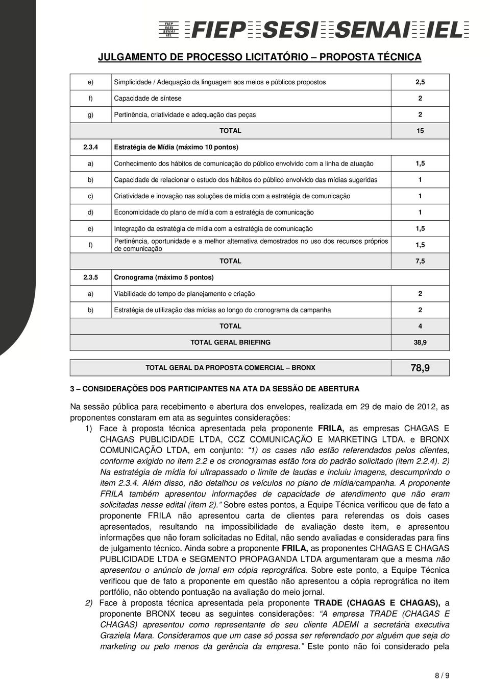 estratégia 1 d) Economicidade do plano de mídia com a estratégia 1 e) Integração da estratégia de mídia com a estratégia 1,5 TOTAL 7,5 1,5 a) Viabilidade do tempo de planejamento e criação 2 b)