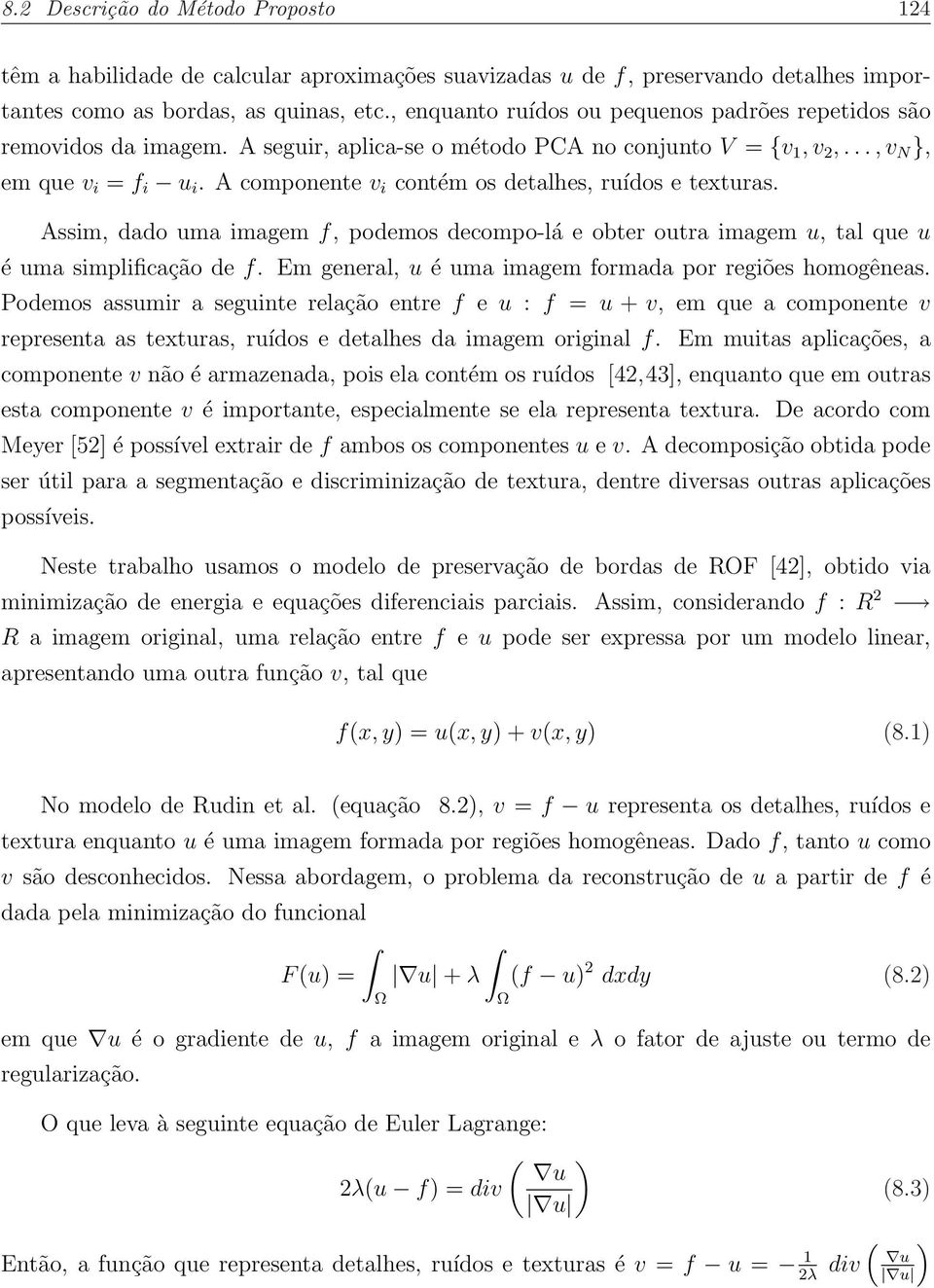 A componente v i contém os detalhes, ruídos e texturas. Assim, dado uma imagem f, podemos decompo-lá e obter outra imagem u, tal que u é uma simplificação de f.