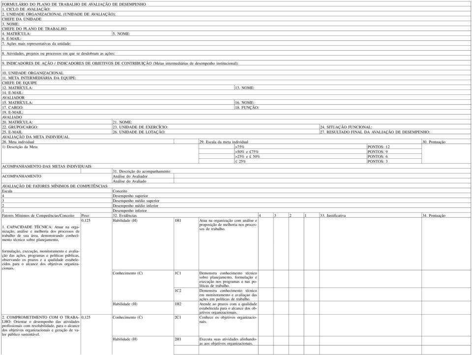 INDICADORES DE AÇÃO / INDICADORES DE OBJETIVOS DE CONTRIBUIÇÃO (Metas intermediárias de desempenho institucional): 10. UNIDADE ORGANIZACIONAL 11. META INTERMEDIÁRIA DA EQUIPE: CHEFE DE EQUIPE 12.