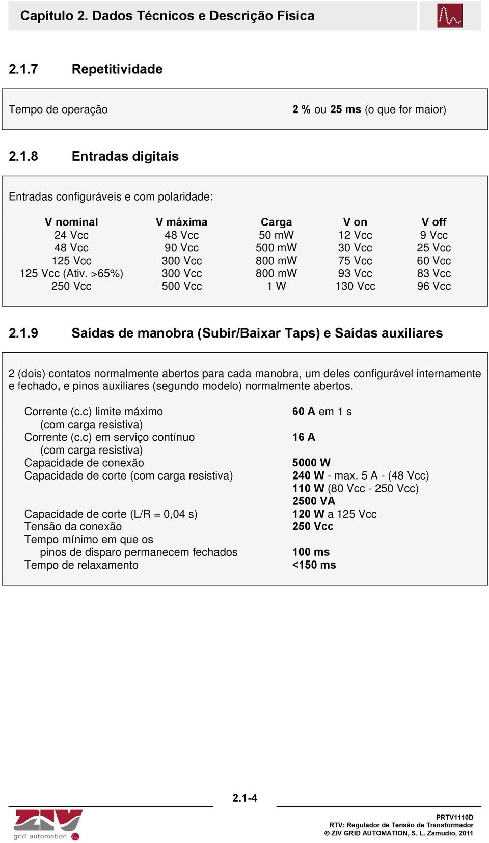 8 Entradas digitais Entradas configuráveis e com polaridade: V nominal V máxima Carga V on V off 24 Vcc 48 Vcc 50 mw 12 Vcc 9 Vcc 48 Vcc 90 Vcc 500 mw 30 Vcc 25 Vcc 125 Vcc 300 Vcc 800 mw 75 Vcc 60