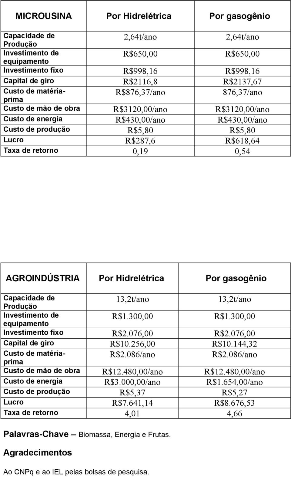 R$618,64 Taxa de retorno 0,19 0,54 AGROINDÚSTRIA Por Hidrelétrica Por gasogênio Capacidade de Produção 13,2t/ano 13,2t/ano Investimento de equipamento R$1.300,00 R$1.300,00 Investimento fixo R$2.