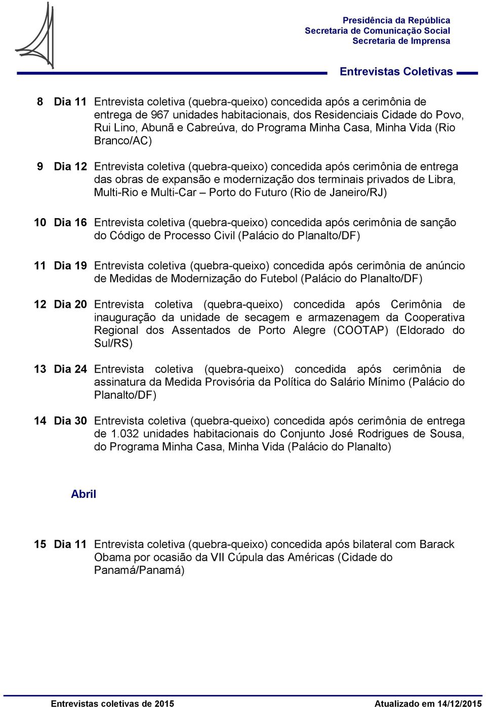 Porto do Futuro (Rio de Janeiro/RJ) 10 Dia 16 Entrevista coletiva (quebra-queixo) concedida após cerimônia de sanção do Código de Processo Civil (Palácio do 11 Dia 19 Entrevista coletiva