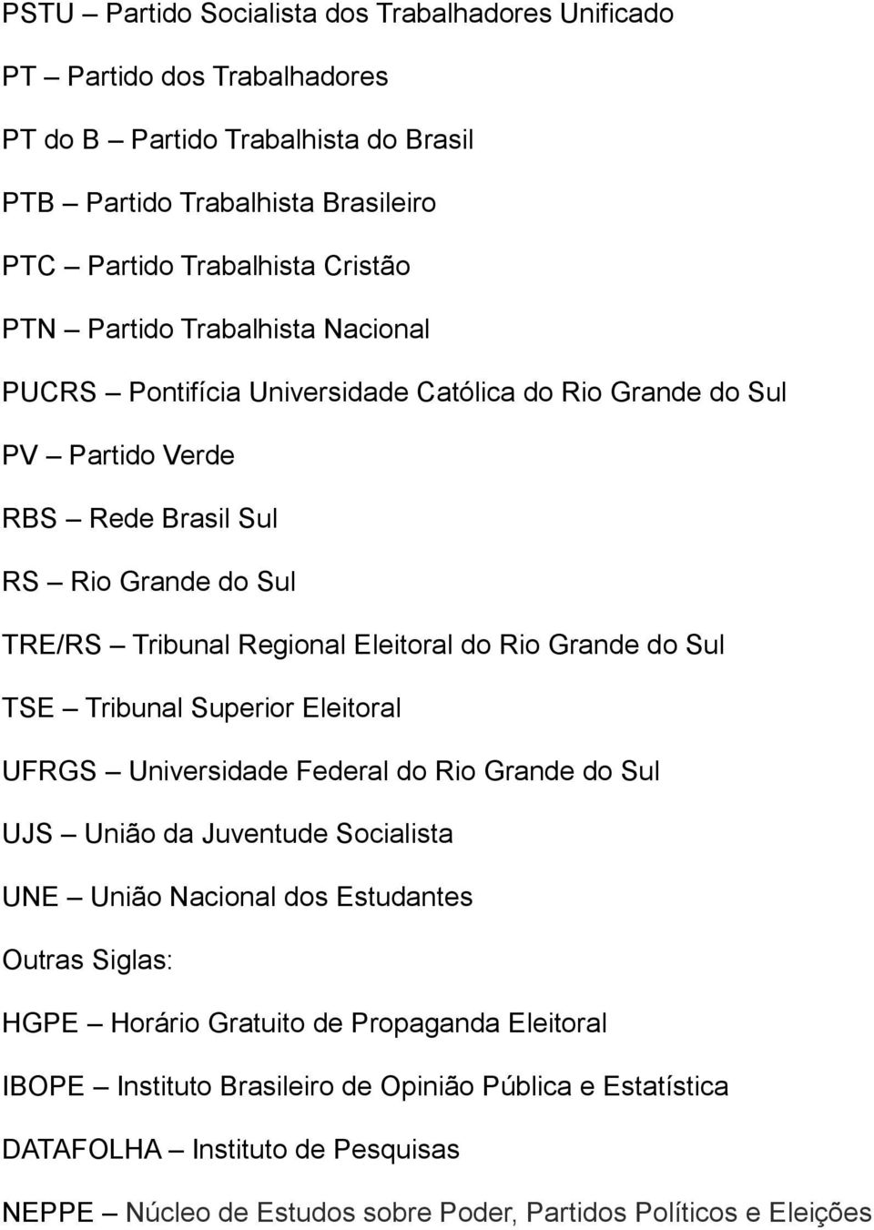 Grande do Sul TSE Tribunal Superior Eleitoral UFRGS Universidade Federal do Rio Grande do Sul UJS União da Juventude Socialista UNE União Nacional dos Estudantes Outras Siglas: HGPE Horário