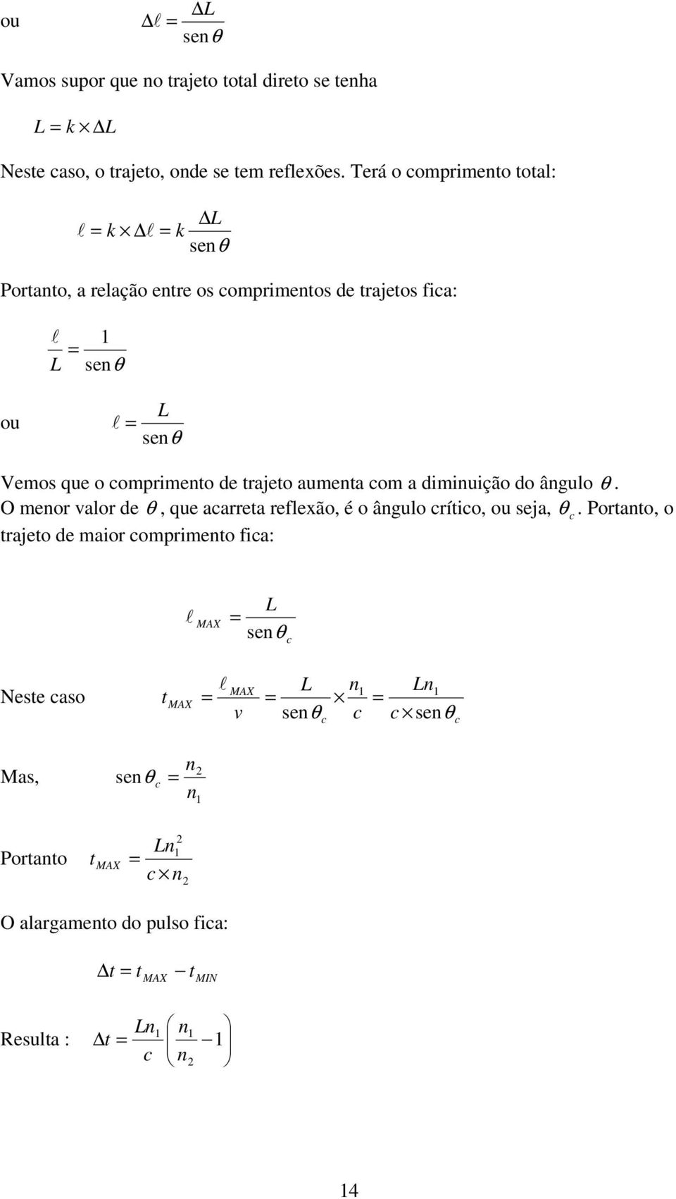 omprimeto de trjeto umet om dimiuição do âgulo θ. O meor lor de θ, que rret reflexão, é o âgulo rítio, ou sej, θ.