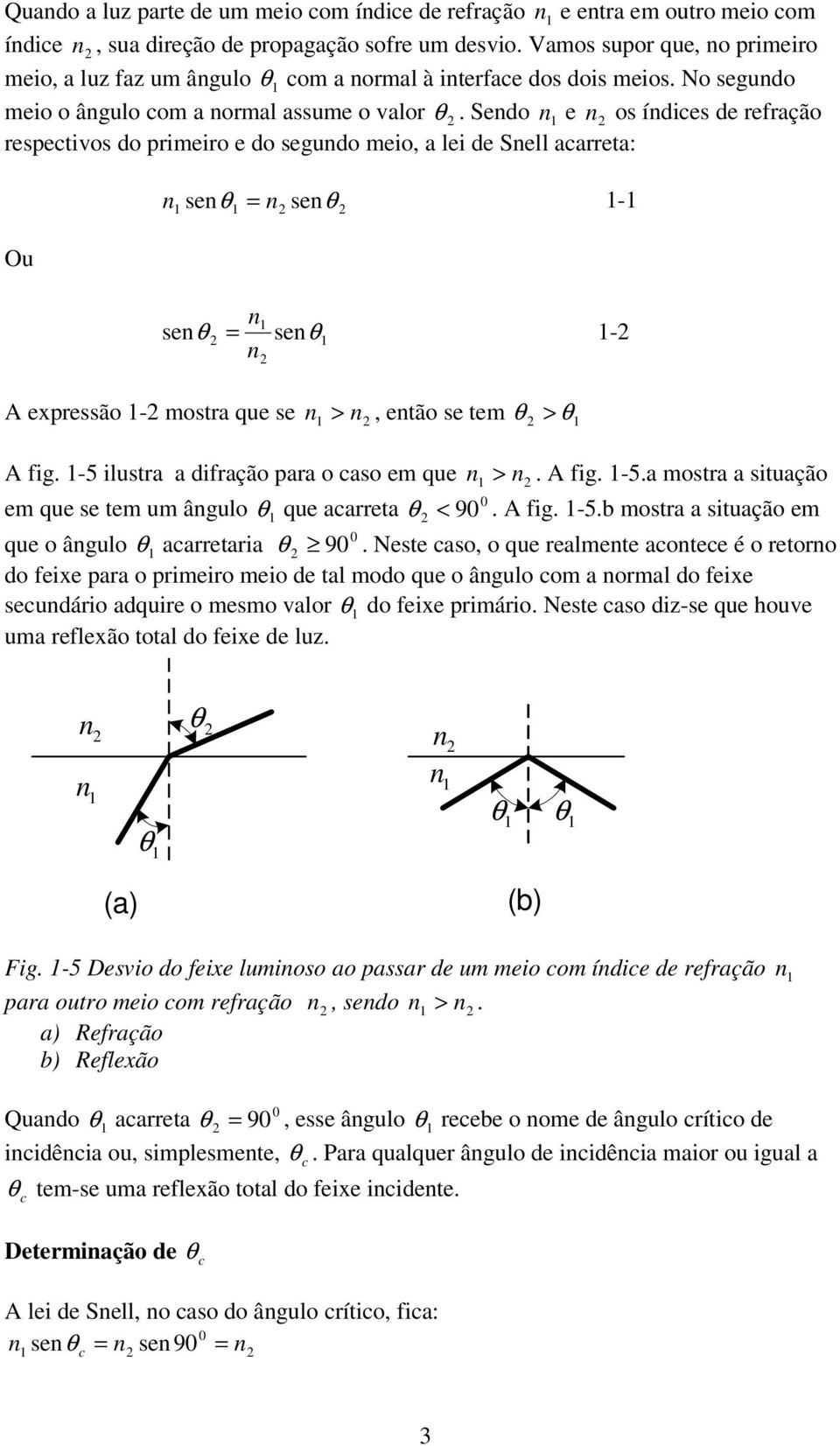 Sedo e os ídies de refrção respetios do primeiro e do segudo meio, lei de Sell rret: Ou θ - seθ se seθ θ - se A expressão - mostr que se >, etão se tem θ > θ A fig. -5 ilustr difrção pr o so em que >.