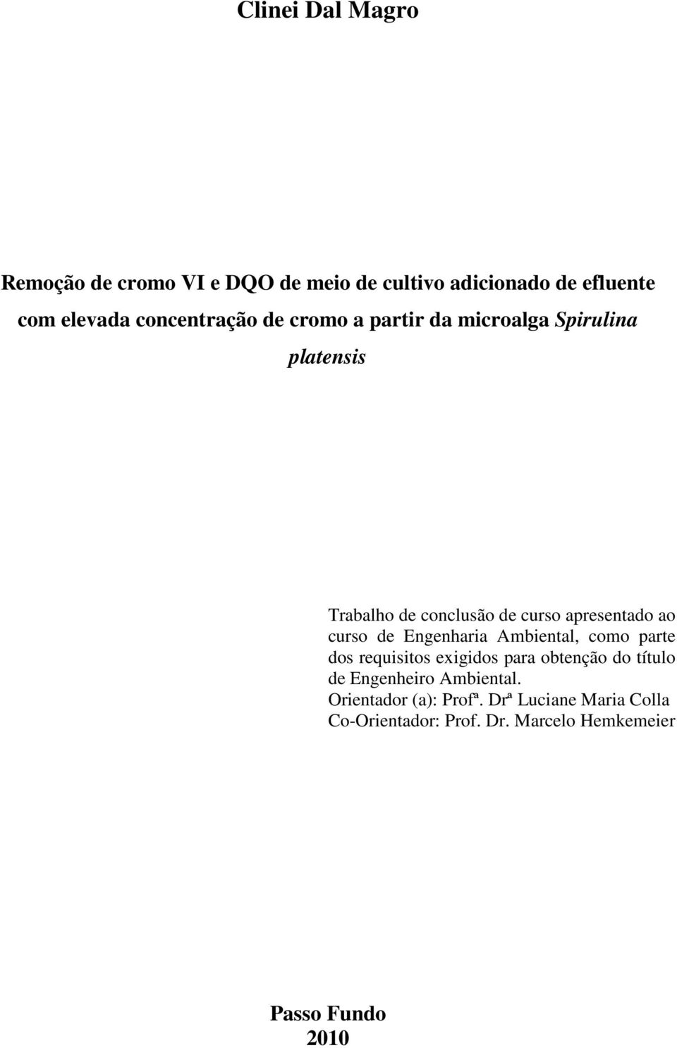 ao curso de Engenharia Ambiental, como parte dos requisitos exigidos para obtenção do título de Engenheiro