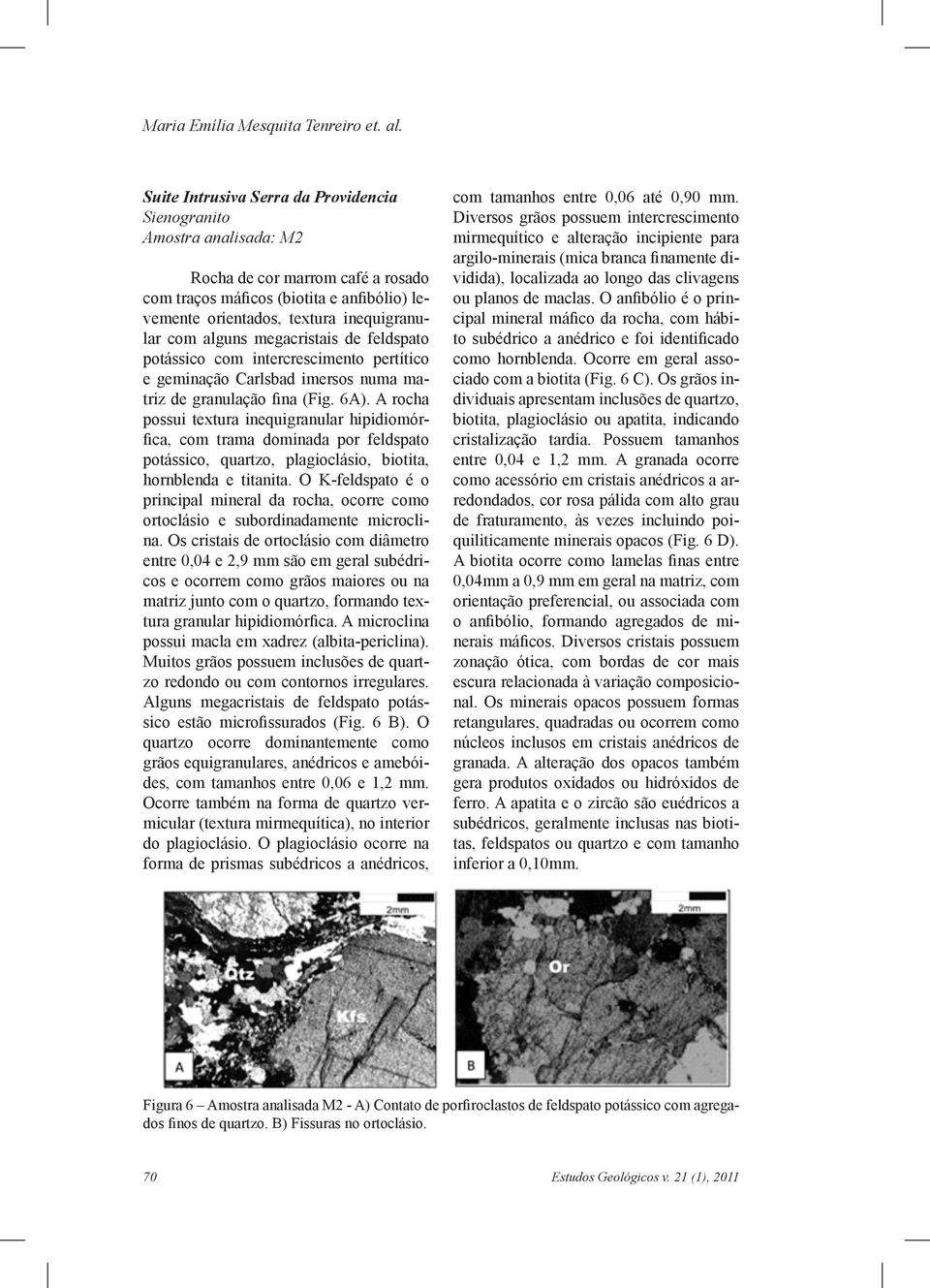 alguns megacristais de feldspato potássico com intercrescimento pertítico e geminação Carlsbad imersos numa matriz de granulação fina (Fig. 6A).