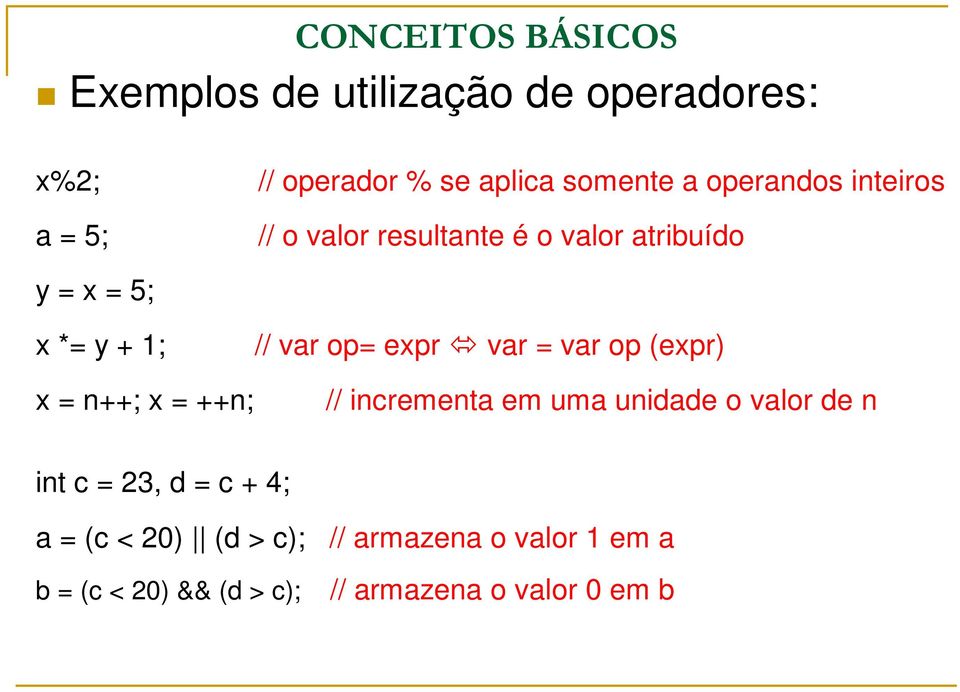 var = var op (expr) x = n++; x = ++n; // incrementa em uma unidade o valor de n int c = 23, d = c +