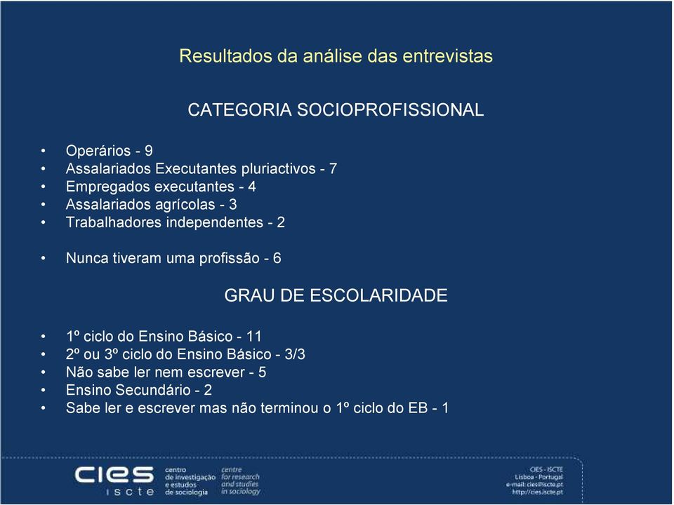 tiveram uma profissão - 6 GRAU DE ESCOLARIDADE 1º ciclo do Ensino Básico - 11 2º ou 3º ciclo do Ensino Básico