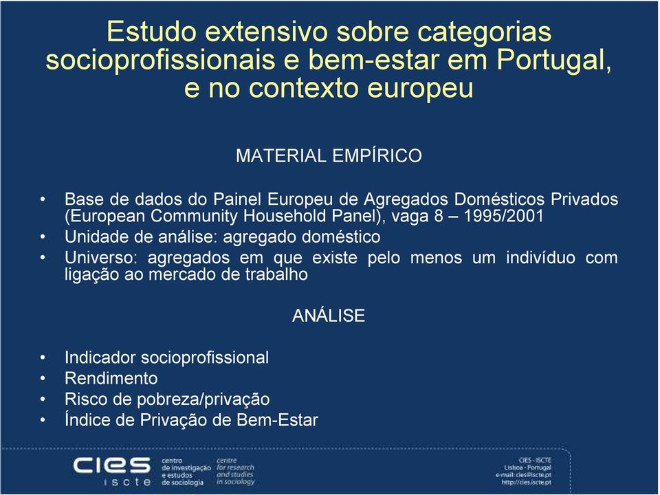 1995/2001 Unidade de análise: agregado doméstico Universo: agregados em que existe pelo menos um indivíduo com ligação