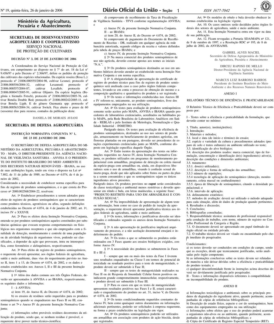 ID223056-0>DECISÃO N 3, DE 25 DE JANEIRO DE 2006 A Coordenadora do Serviço Nacional de Proteção de Cultivares, em cumprimento ao disposto no 7 do art. 8 da Lei n 9.456/97 e pelo Decreto n 2.