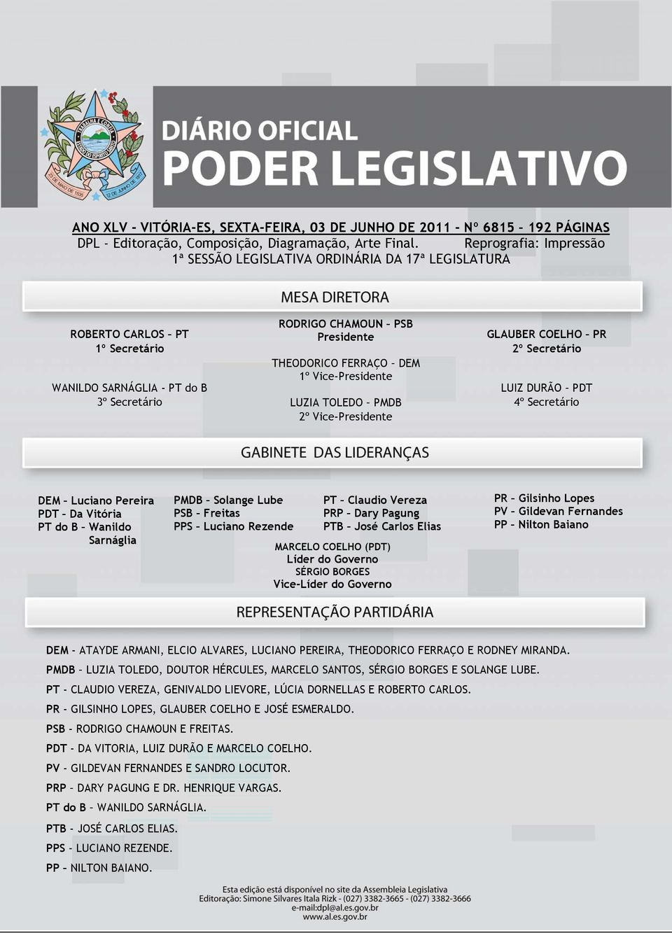 DEM 1º Vice-Presidente LUZIA TOLEDO PMDB 2º Vice-Presidente GLAUBER COELHO PR 2º Secretário LUIZ DURÃO PDT 4º Secretário DEM Luciano Pereira PDT Da Vitória PT do B Wanildo Sarnáglia PMDB Solange Lube