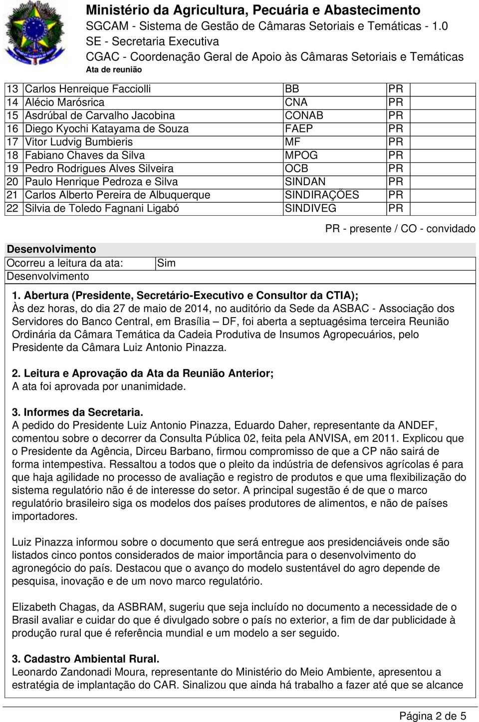 PR Desenvolvimento Ocorreu a leitura da ata: Desenvolvimento Ministério da Agricultura, Pecuária e Abastecimento Sim PR - presente / CO - convidado 1.